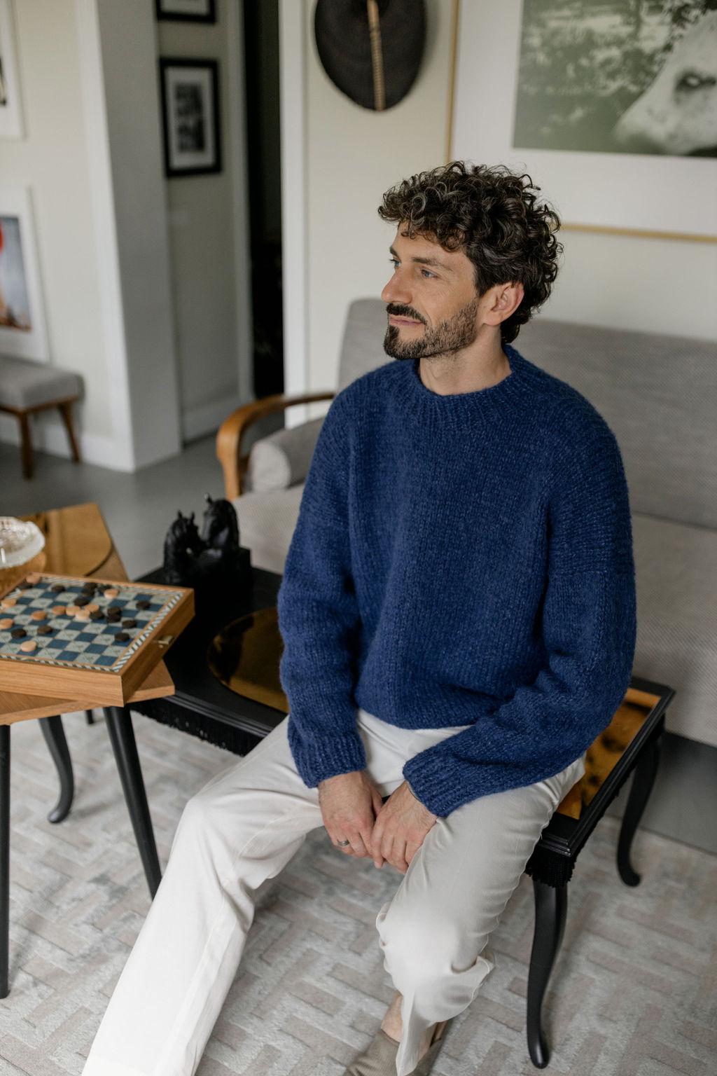 Blue Chunky Knitted Alpaca Wool And Silk Blend Handmade Sweater For Men, Thick And Soft Woolen Knit Winter Men's Jumper, Pullover Gift