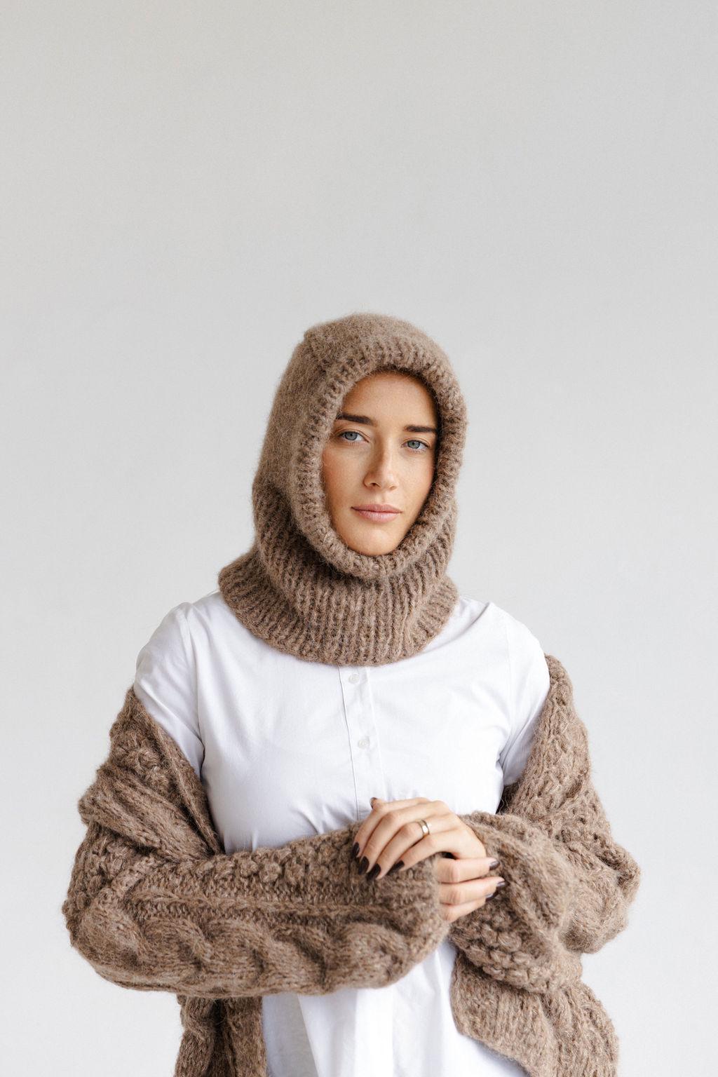Light Beige Handmade Alpaca Wool And Silk Blend Knitted Balaclava Hood Hat, Warm And Soft Winter Woolen Hooded Women's Sood, Christmas Gift