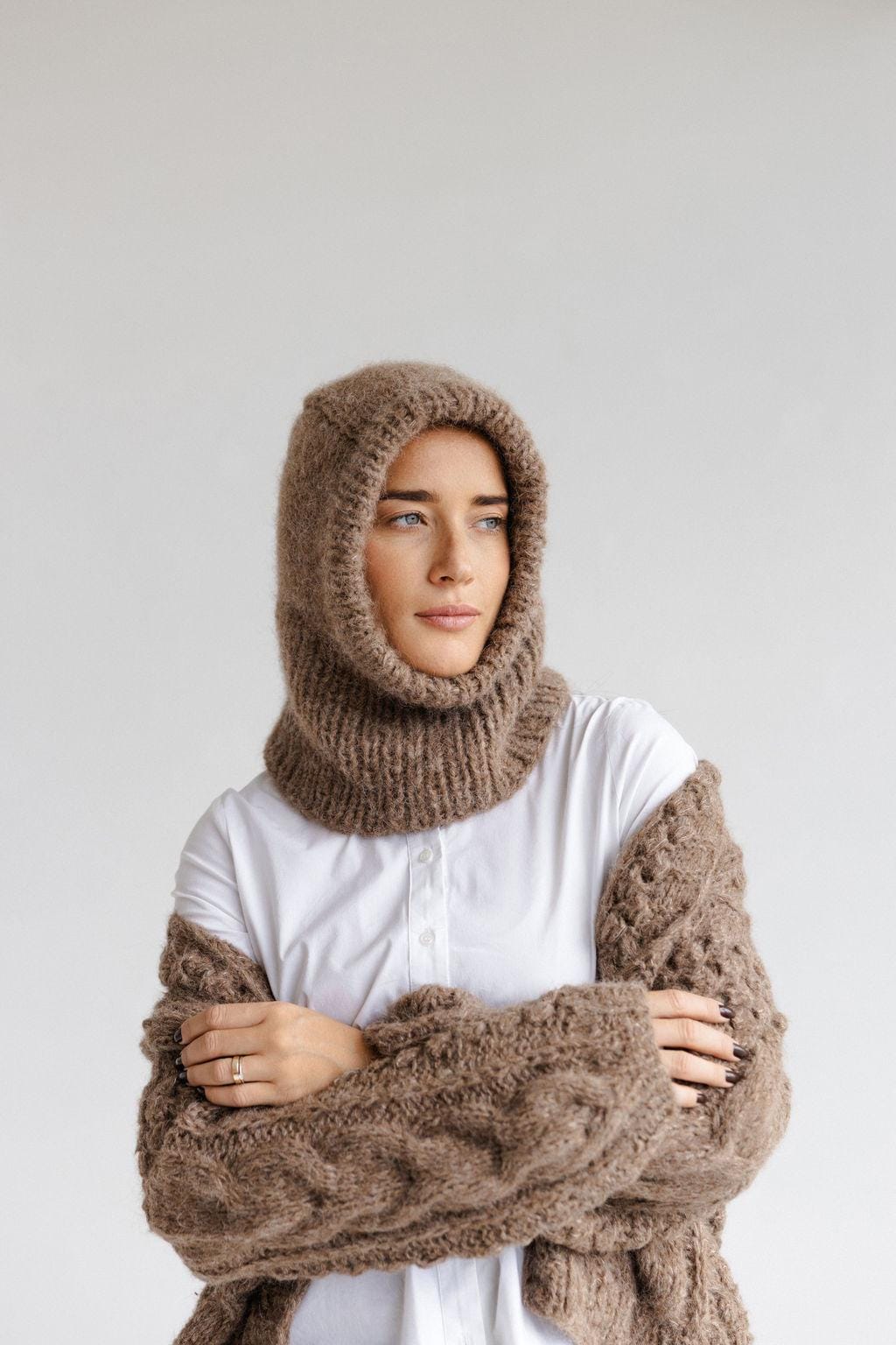 Light Beige Handmade Alpaca Wool And Silk Blend Knitted Balaclava Hood Hat, Warm And Soft Winter Woolen Hooded Women's Sood, Christmas Gift