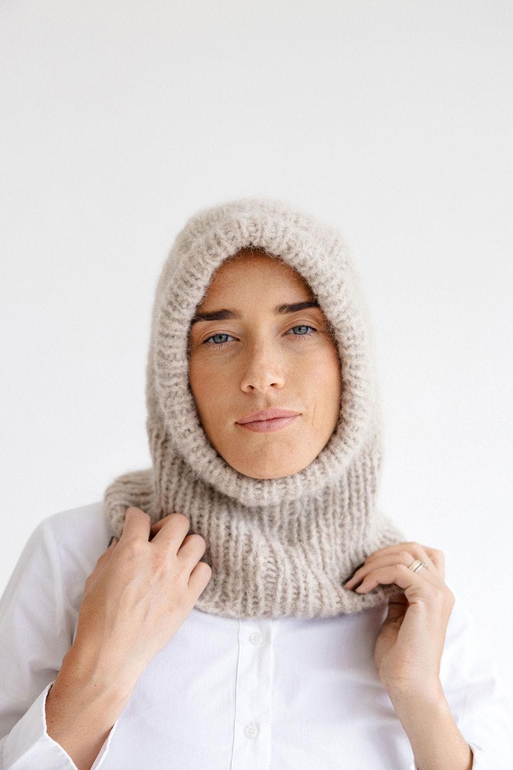 Beige Handmade Alpaca Wool And Silk Blend Knitted Balaclava Hood Hat, Light Brown And Soft Winter Woolen Hooded Women's Sood, Christmas Gift