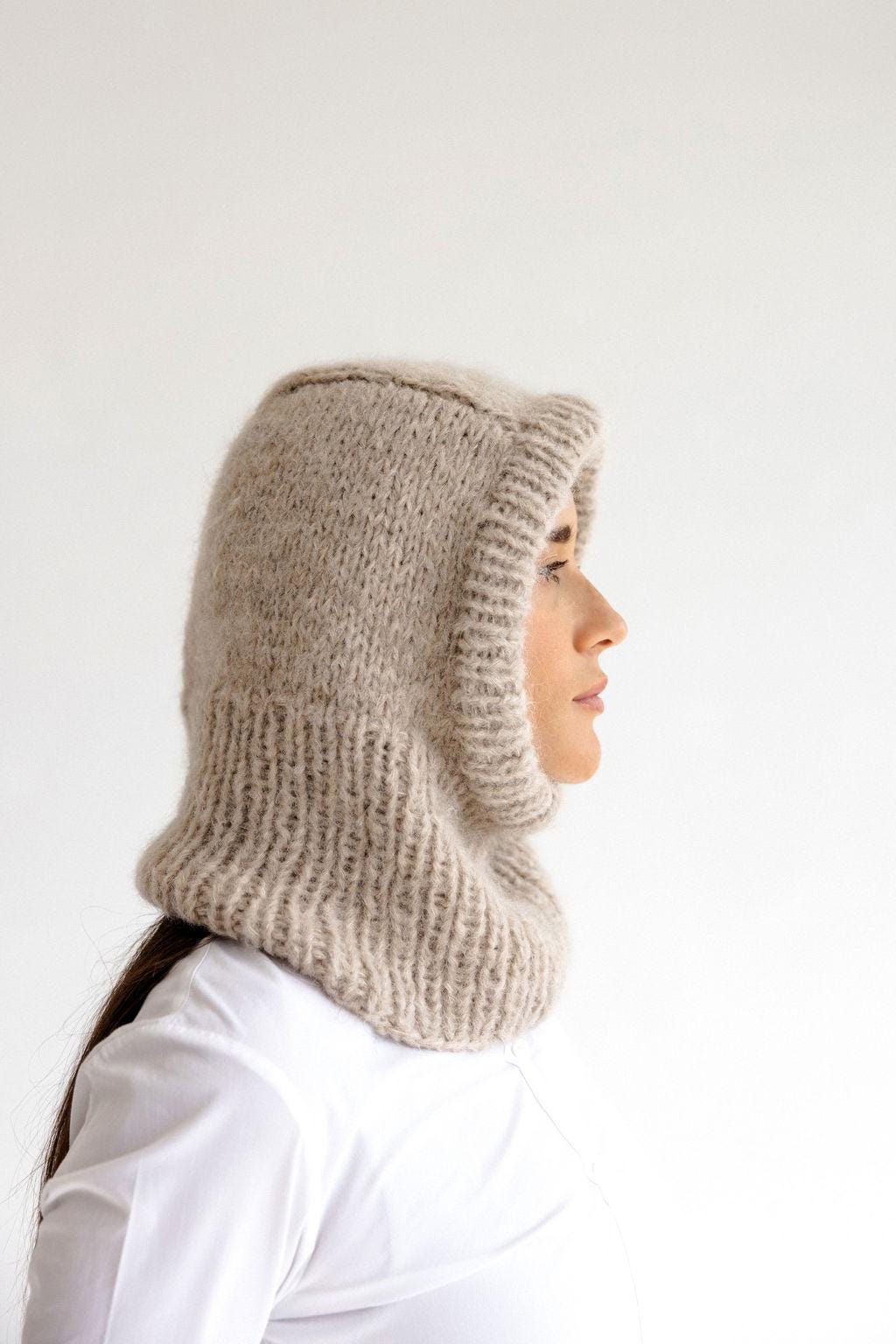 Beige Handmade Alpaca Wool And Silk Blend Knitted Balaclava Hood Hat, Light Brown And Soft Winter Woolen Hooded Women's Sood, Christmas Gift