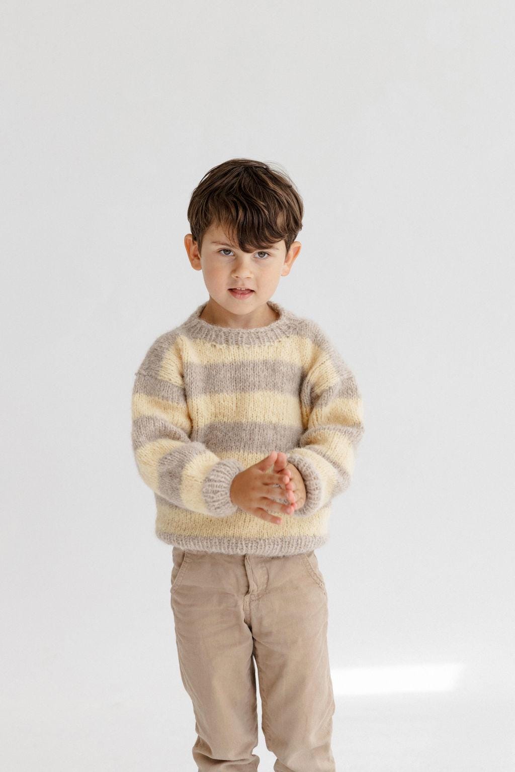 Handmade Striped Yellow and Beige Alpaca And Silk Blend Knitted Kids' Sweater, Matching Brother And Sister Knit Pullover, Toddler Jumper