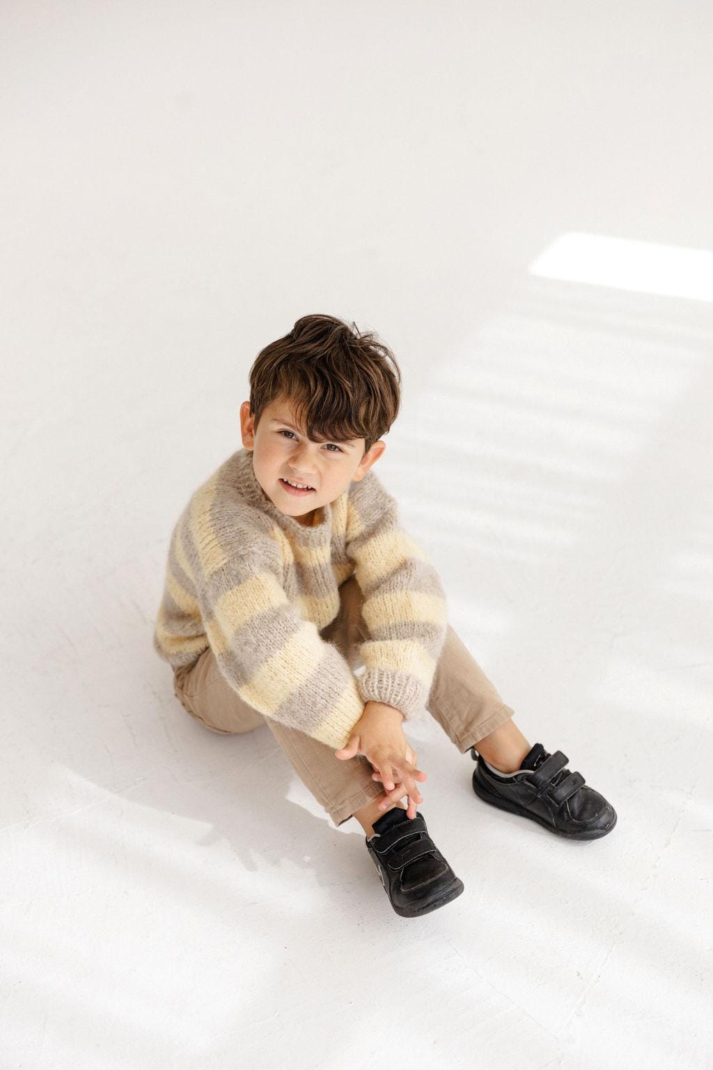 Handmade Striped Yellow and Beige Alpaca And Silk Blend Knitted Kids Sweater, Boy Knit Pullover, Toddler Jumper