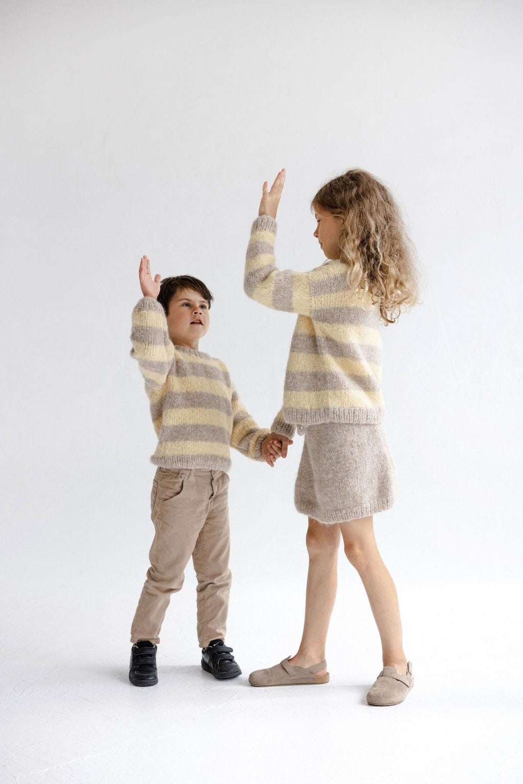 Handmade Striped Yellow and Beige Alpaca And Silk Blend Knitted Kids' Sweater, Matching Brother And Sister Knit Pullover, Toddler Jumper