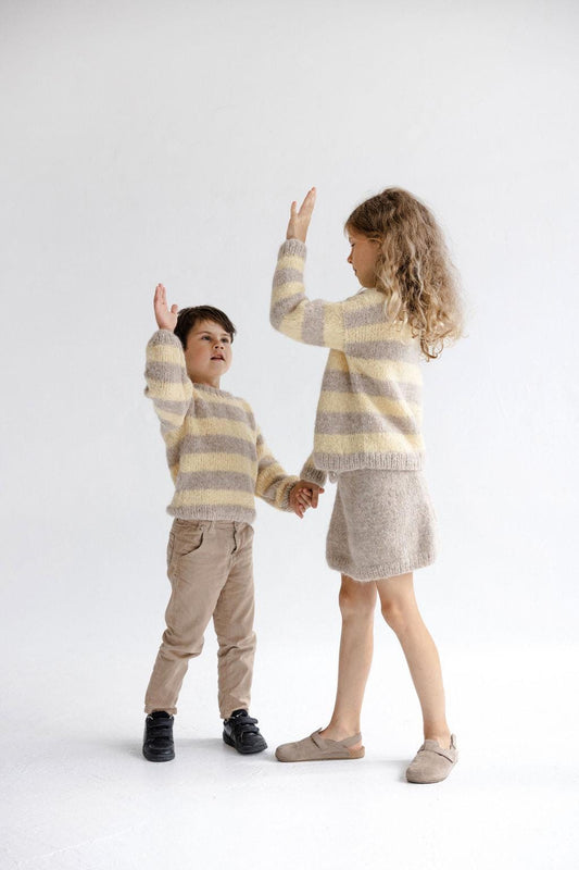Handmade Striped Yellow and Beige Alpaca And Silk Blend Knitted Kids' Sweater, Matching Brother And Sister Knit Pullover, Toddler Jumper