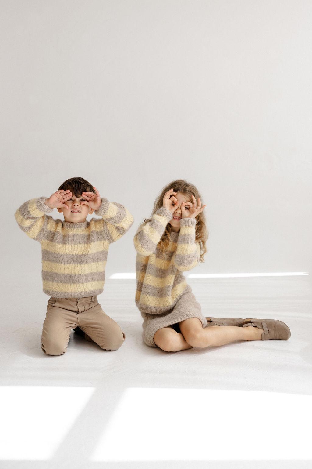 Handmade Striped Yellow and Beige Alpaca And Silk Blend Knitted Kids' Sweater, Matching Brother And Sister Knit Pullover, Toddler Jumper