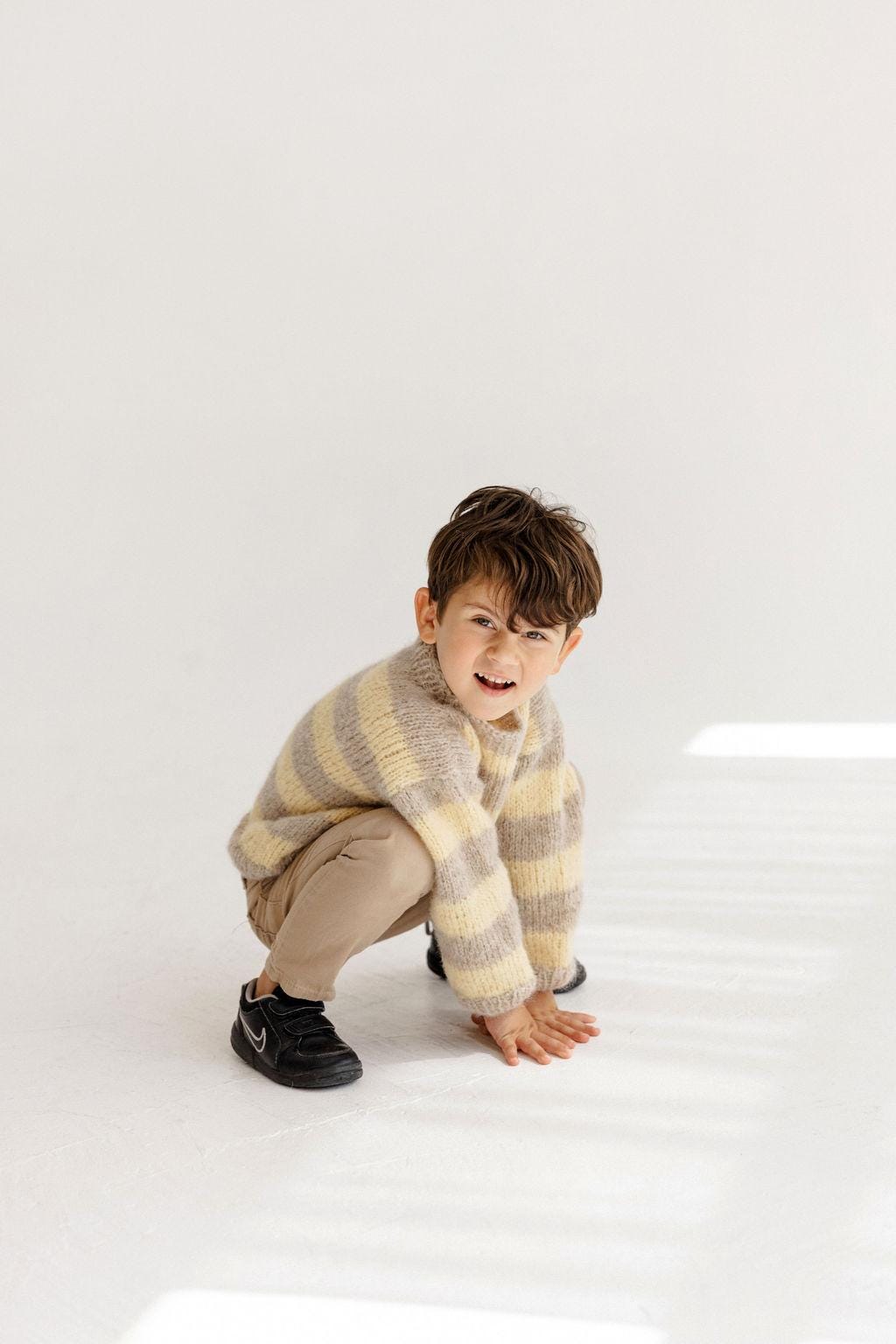 Handmade Striped Yellow and Beige Alpaca And Silk Blend Knitted Kids Sweater, Boy Knit Pullover, Toddler Jumper