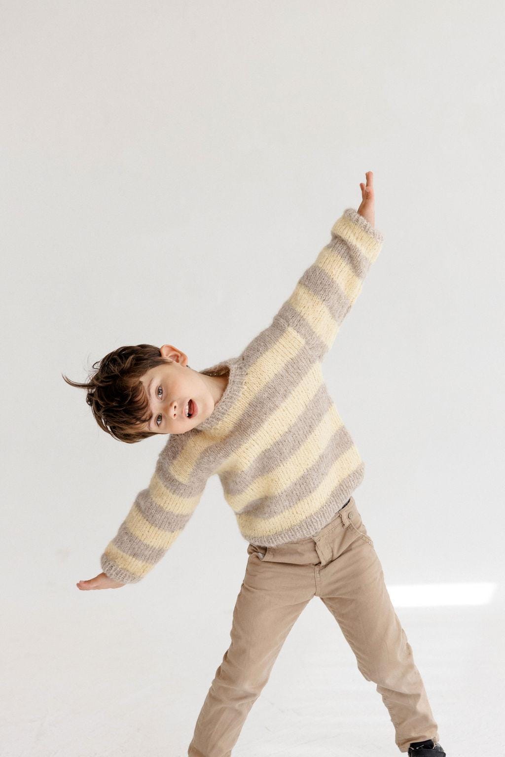 Handmade Striped Yellow and Beige Alpaca And Silk Blend Knitted Kids' Sweater, Matching Brother And Sister Knit Pullover, Toddler Jumper