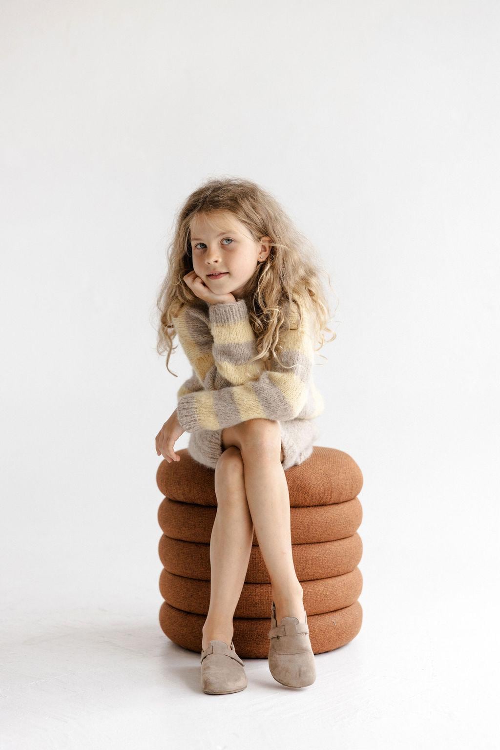 Handmade Striped Yellow and Beige Alpaca And Silk Blend Knitted Girl's Sweater And Skirt Set, Matching Warm Hand Knit Winter Set