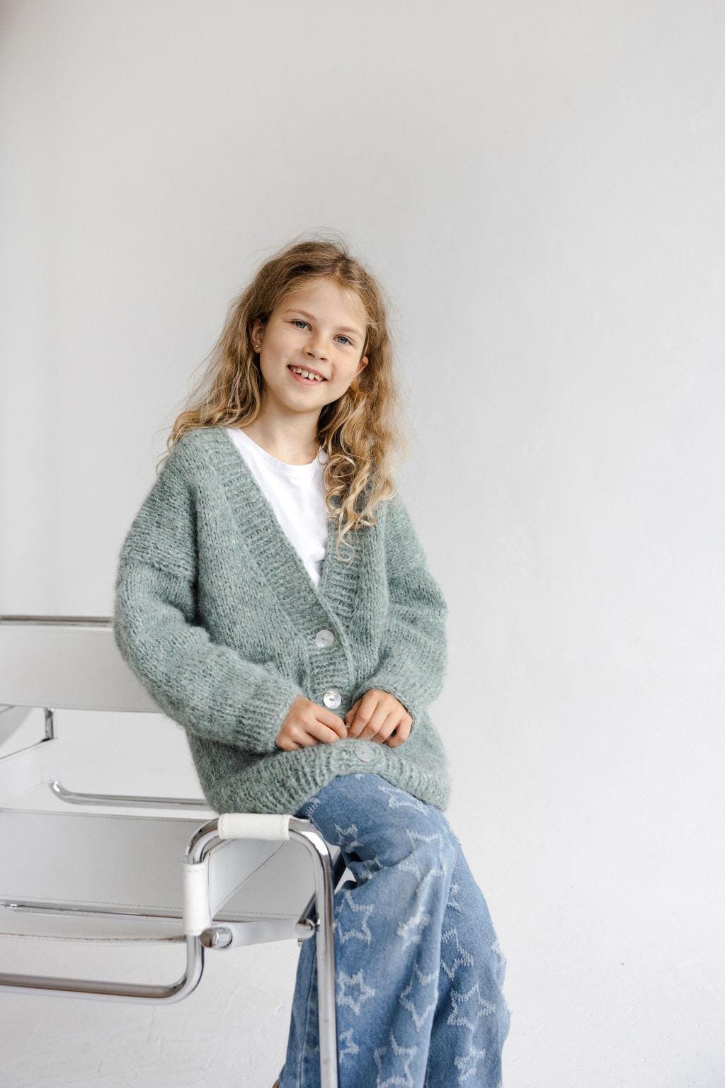 Green Knitted Alpaca Wool And Silk Handmade Girl's Cardigan With Buttons and Pockets