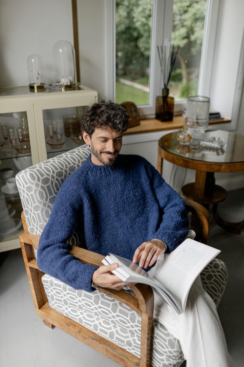 Blue Chunky Knitted Alpaca Wool And Silk Blend Handmade Sweater For Men, Thick And Soft Woolen Knit Winter Men's Jumper, Pullover Gift