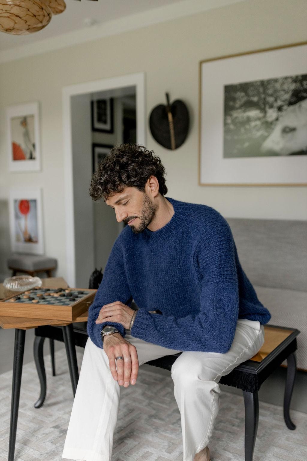 Blue Chunky Knitted Alpaca Wool And Silk Blend Handmade Sweater For Men, Thick And Soft Woolen Knit Winter Men's Jumper, Pullover Gift