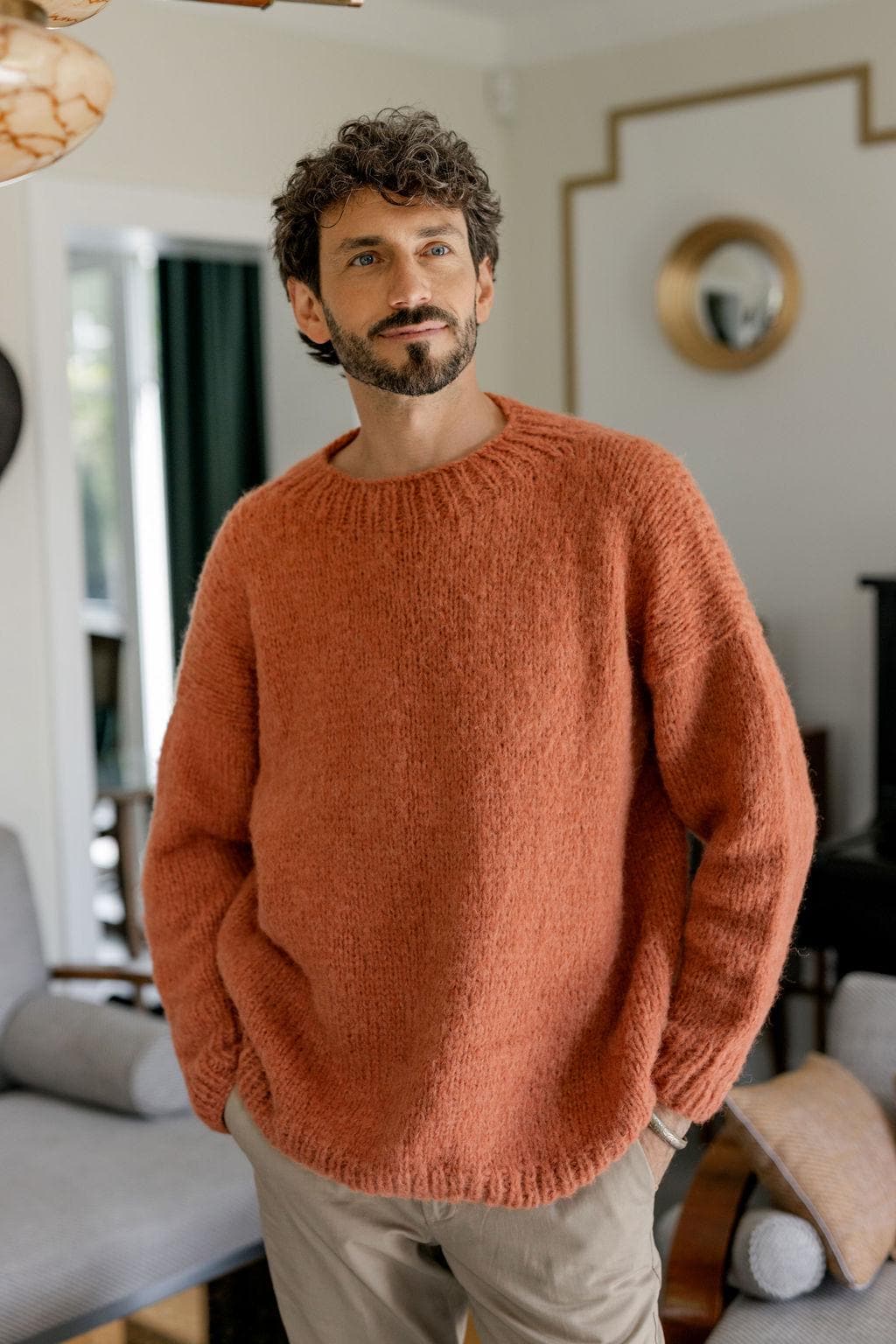 Orange Chunky Knitted Alpaca Wool And Silk Blend Handmade Sweater For Men, Pumpkin Color Thick And Soft Woolen Knit Winter Men's Jumper