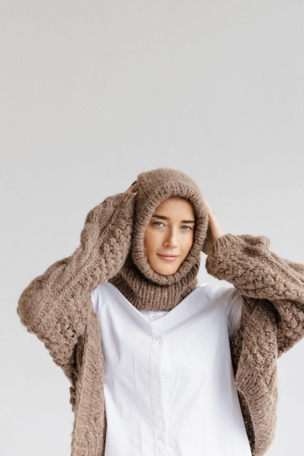 Light Beige Handmade Alpaca Wool And Silk Blend Knitted Balaclava Hood Hat, Warm And Soft Winter Woolen Hooded Women's Sood, Christmas Gift