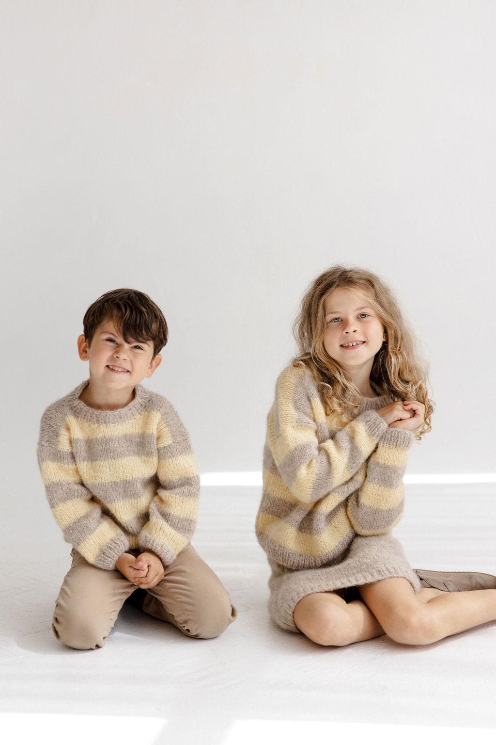 Handmade Striped Yellow and Beige Alpaca And Silk Blend Knitted Kids' Sweater, Matching Brother And Sister Knit Pullover, Toddler Jumper