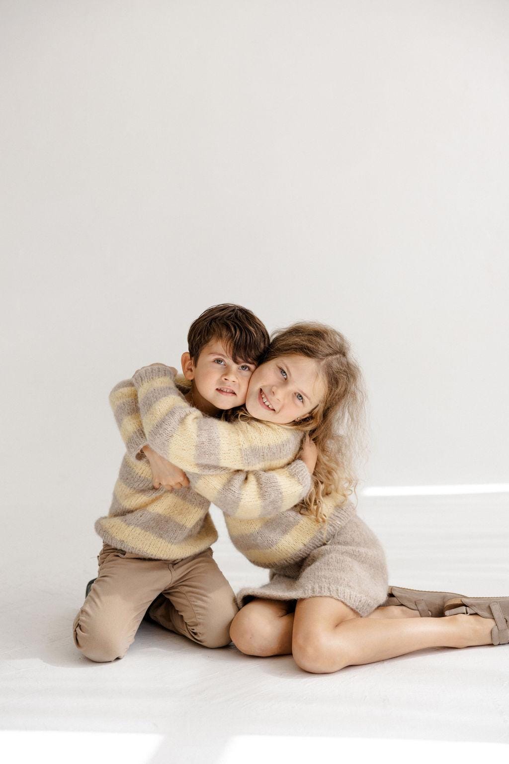 Handmade Striped Yellow and Beige Alpaca And Silk Blend Knitted Kids' Sweater, Matching Brother And Sister Knit Pullover, Toddler Jumper