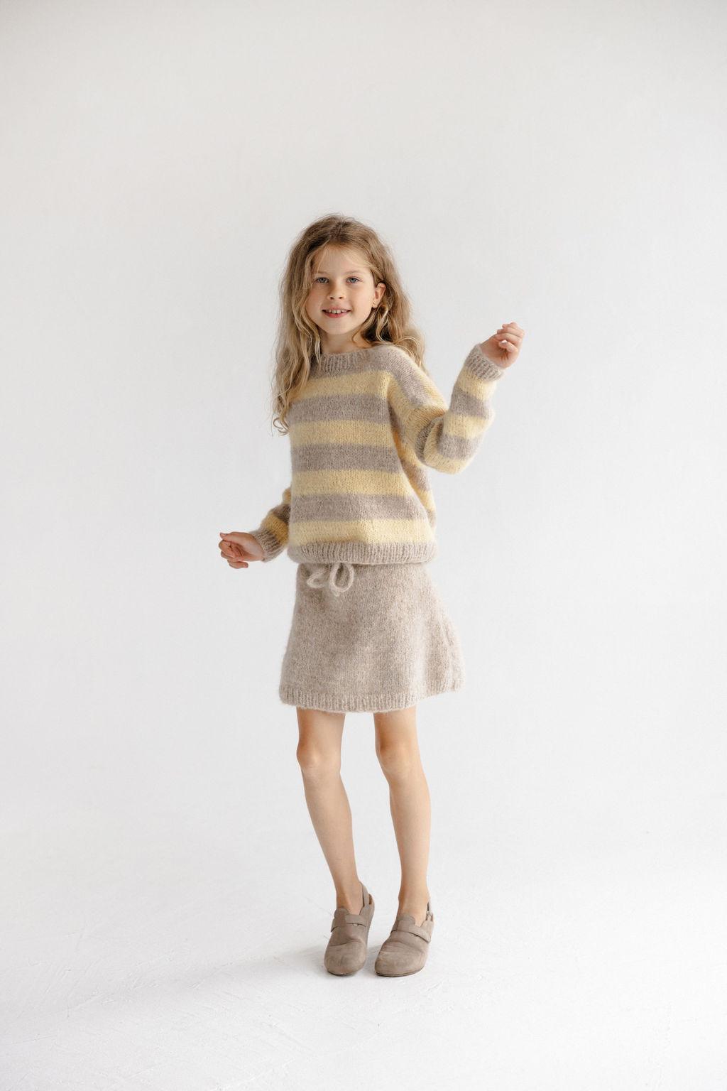 Handmade Striped Yellow and Beige Alpaca And Silk Blend Knitted Girl's Sweater And Skirt Set, Matching Warm Hand Knit Winter Set