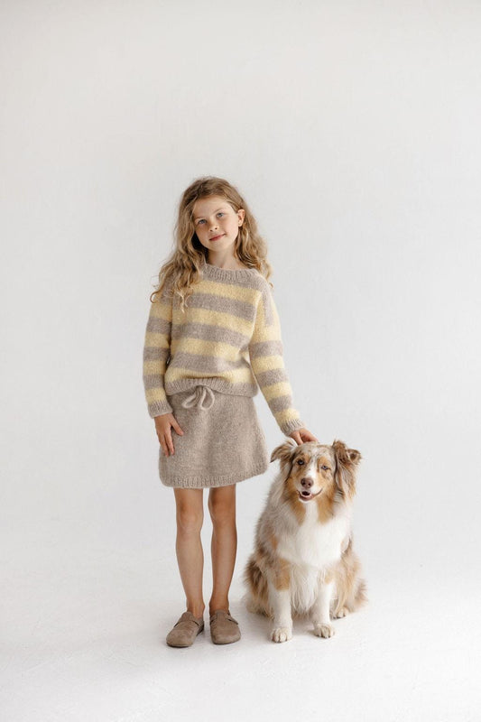 Handmade Striped Yellow and Beige Alpaca And Silk Blend Knitted Girl's Sweater And Skirt Set, Matching Warm Hand Knit Winter Set