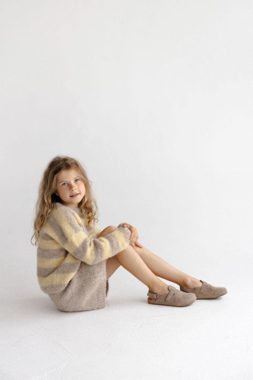 Handmade Striped Yellow and Beige Alpaca And Silk Blend Knitted Girl's Sweater And Skirt Set, Matching Warm Hand Knit Winter Set