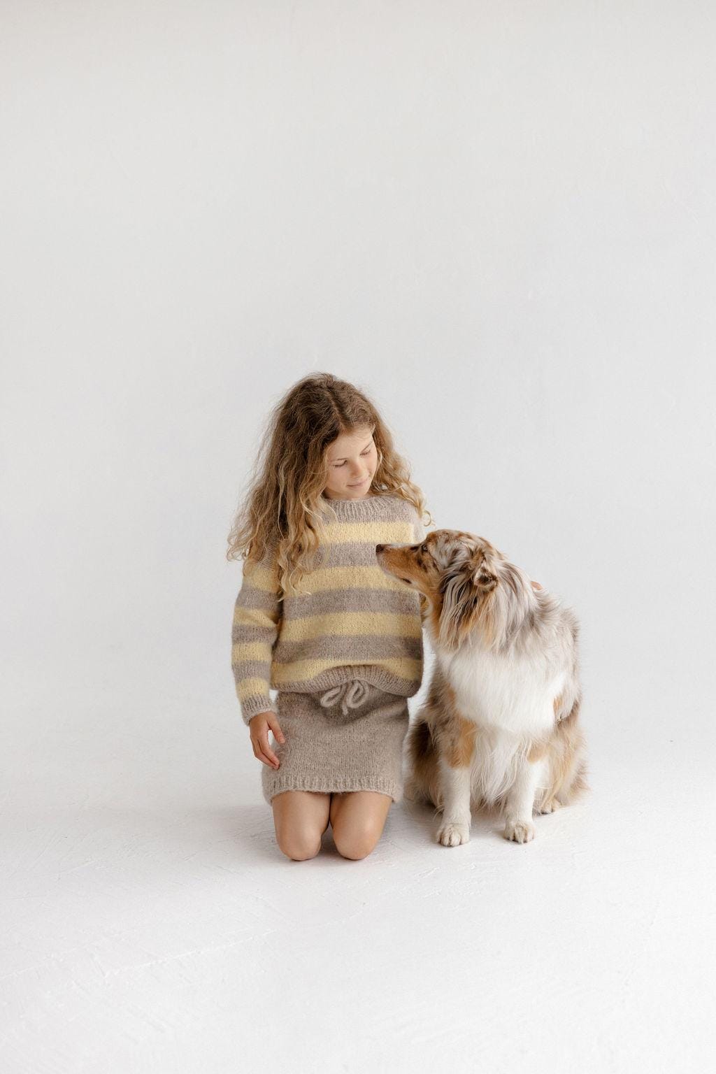 Handmade Striped Yellow and Beige Alpaca And Silk Blend Knitted Girl's Sweater And Skirt Set, Matching Warm Hand Knit Winter Set