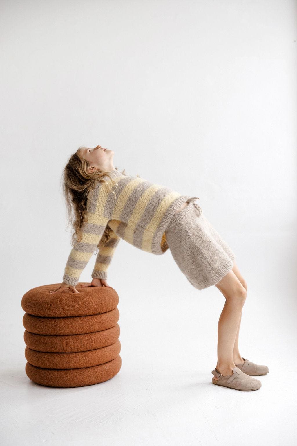 Handmade Striped Yellow and Beige Alpaca And Silk Blend Knitted Girl's Sweater And Skirt Set, Matching Warm Hand Knit Winter Set