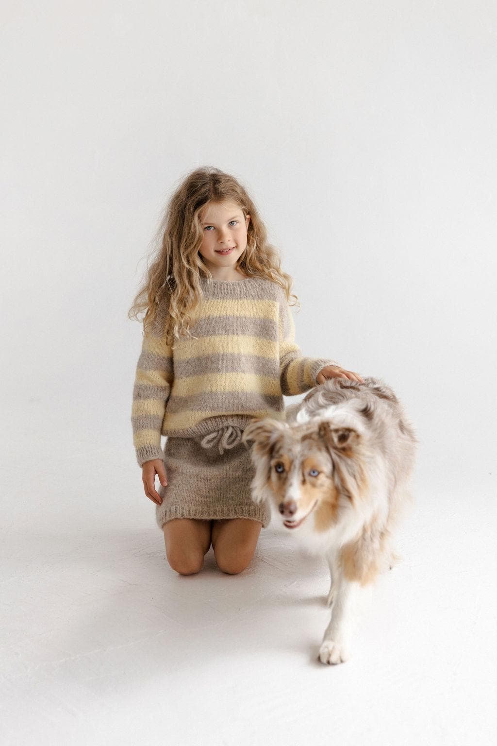 Handmade Striped Yellow and Beige Alpaca And Silk Blend Knitted Girl's Sweater And Skirt Set, Matching Warm Hand Knit Winter Set