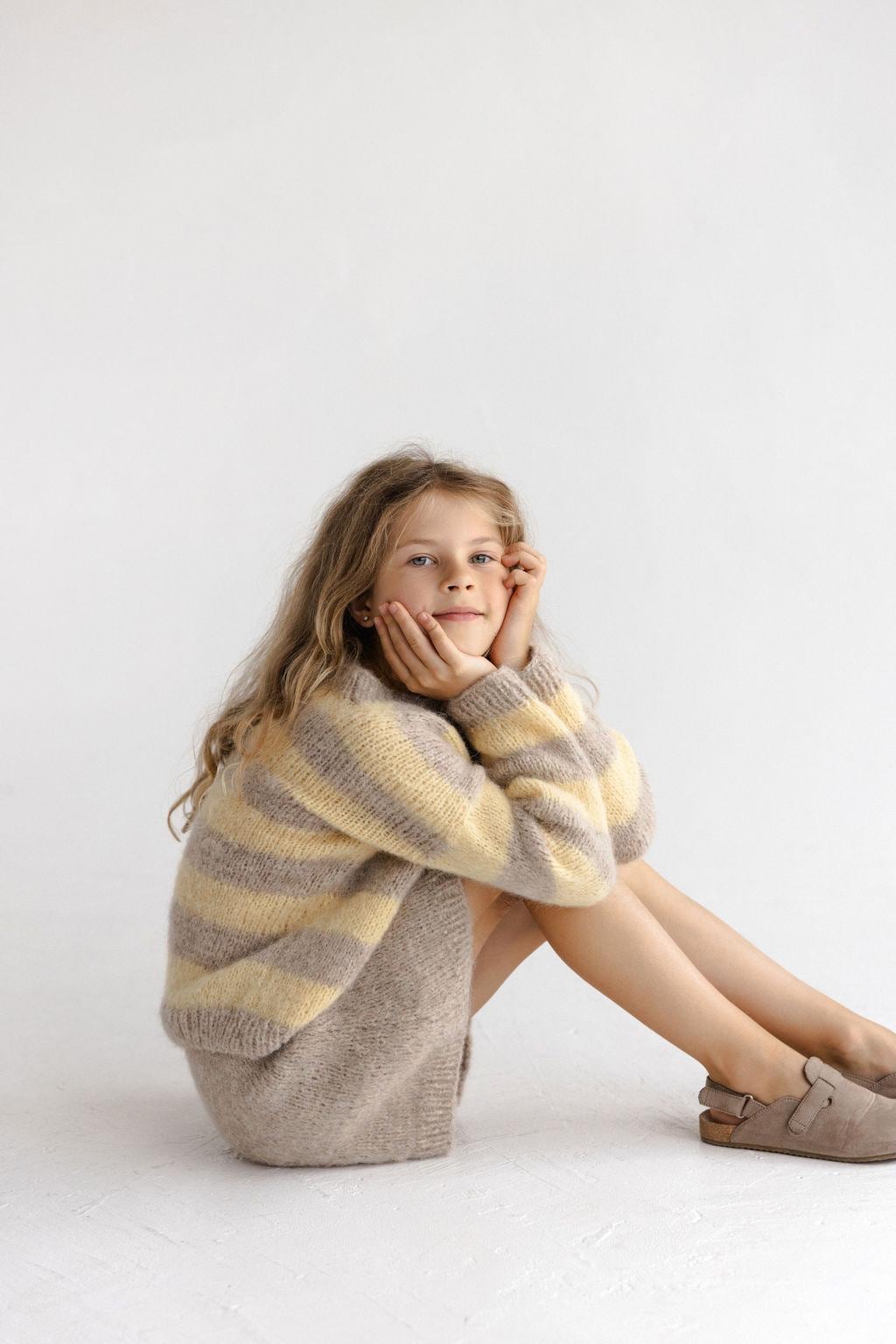 Handmade Striped Yellow and Beige Alpaca And Silk Blend Knitted Girl's Sweater And Skirt Set, Matching Warm Hand Knit Winter Set