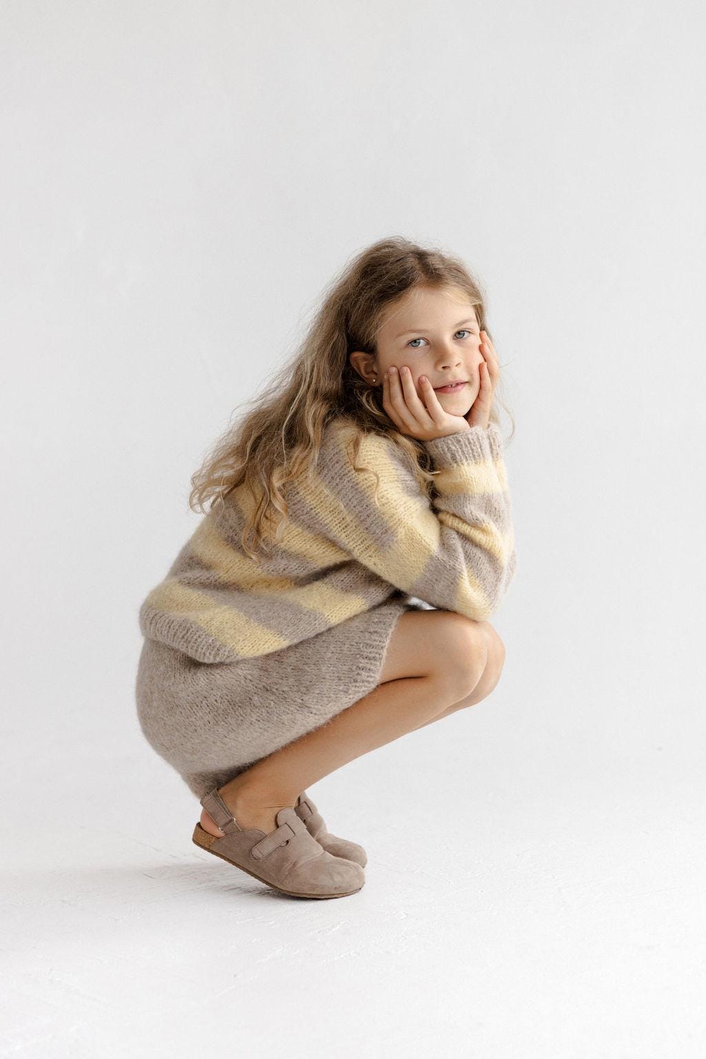 Handmade Striped Yellow and Beige Alpaca And Silk Blend Knitted Girl's Sweater And Skirt Set, Matching Warm Hand Knit Winter Set