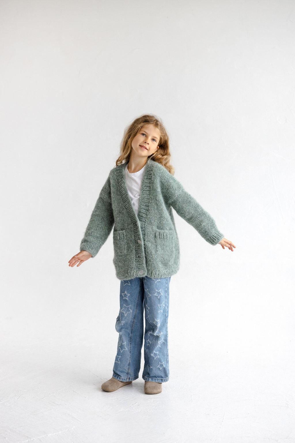 Green Knitted Alpaca Wool And Silk Handmade Girl's Cardigan With Buttons and Pockets