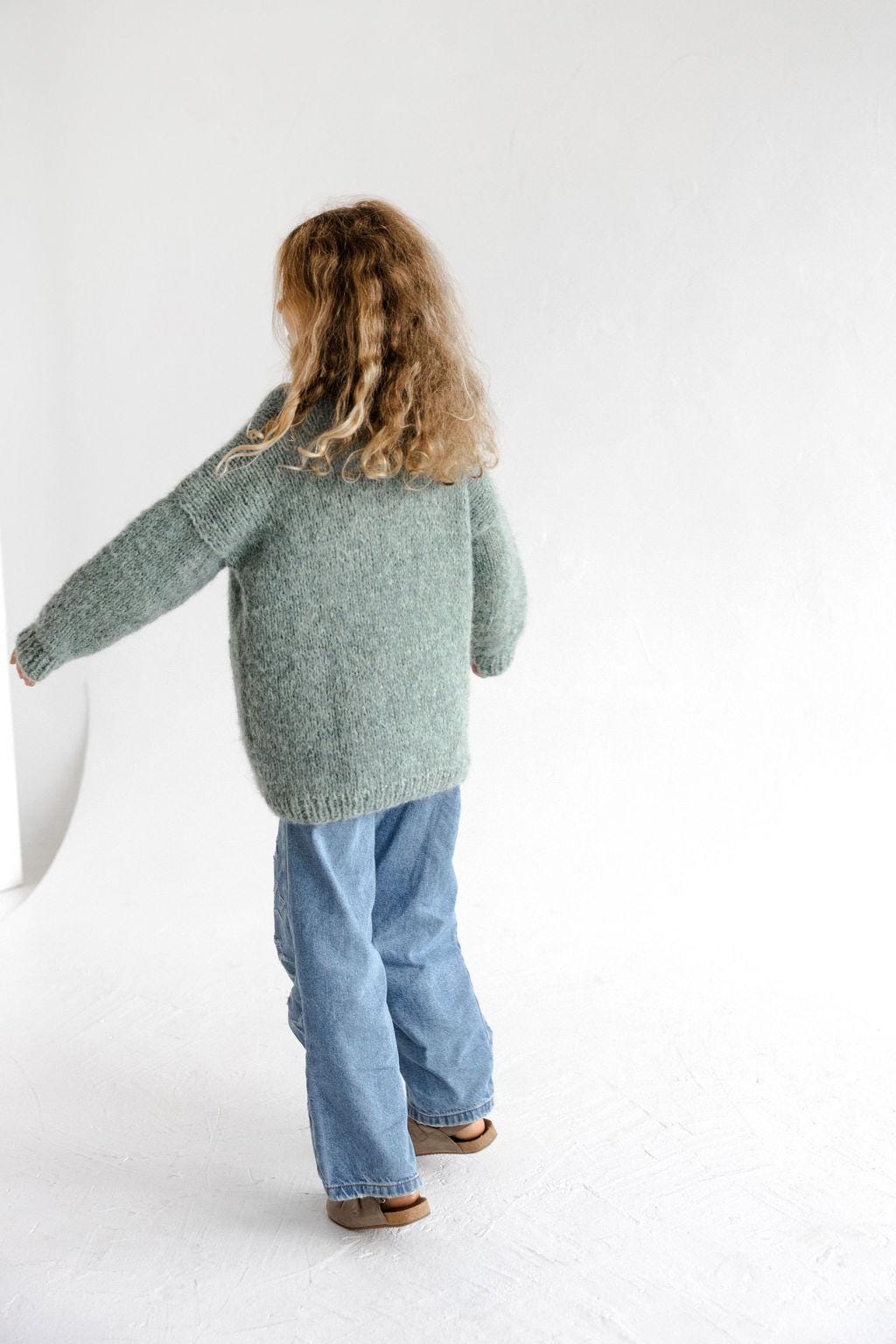 Green Knitted Alpaca Wool And Silk Handmade Girl's Cardigan With Buttons and Pockets