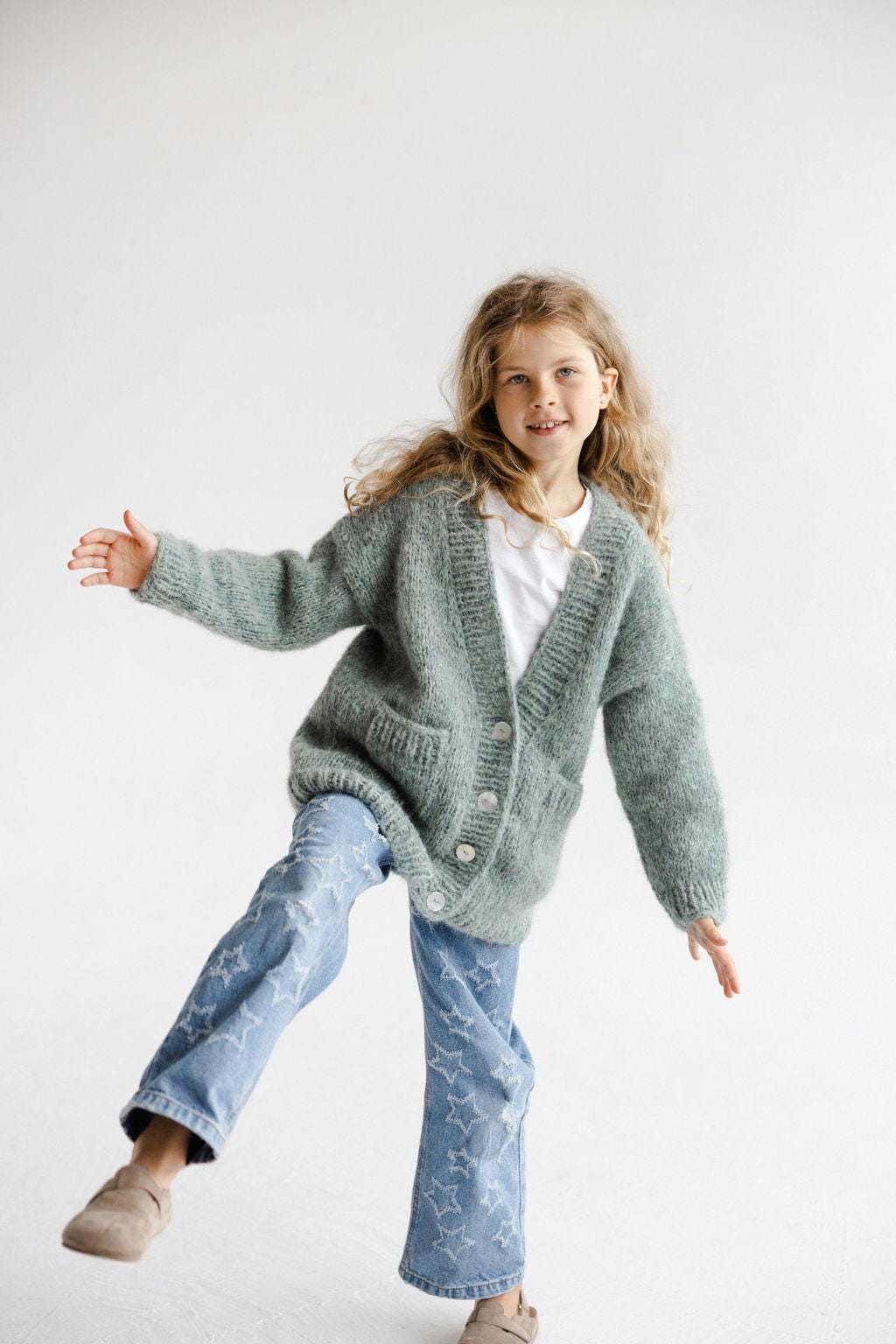 Green Knitted Alpaca Wool And Silk Handmade Girl's Cardigan With Buttons and Pockets