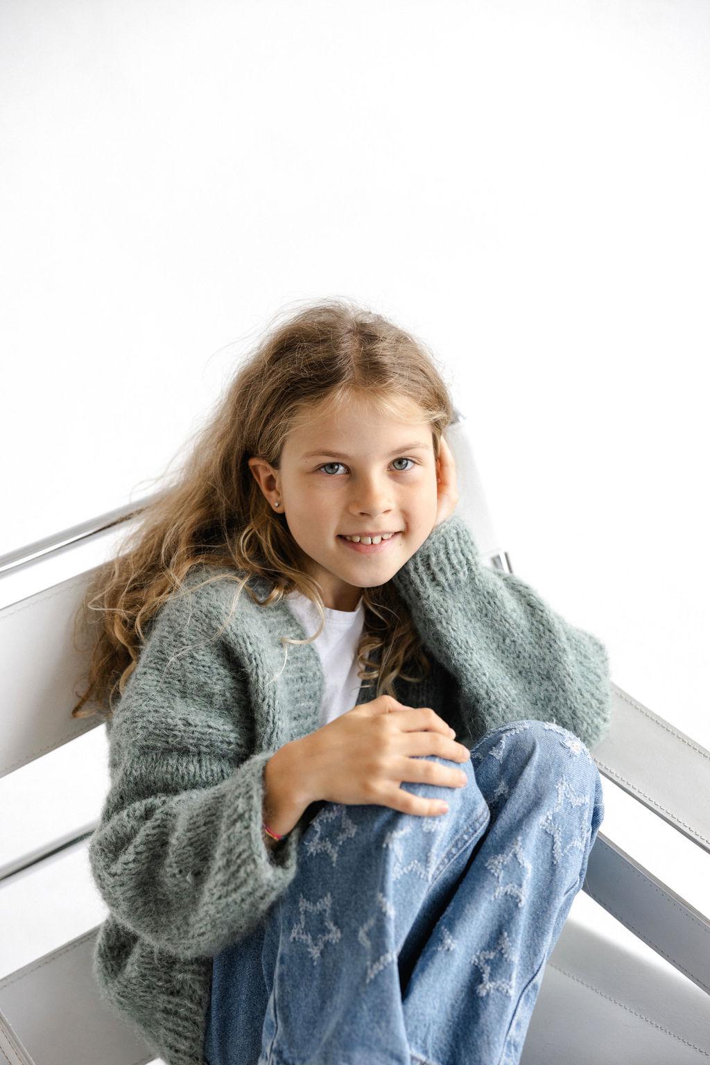 Green Knitted Alpaca Wool And Silk Handmade Girl's Cardigan With Buttons and Pockets