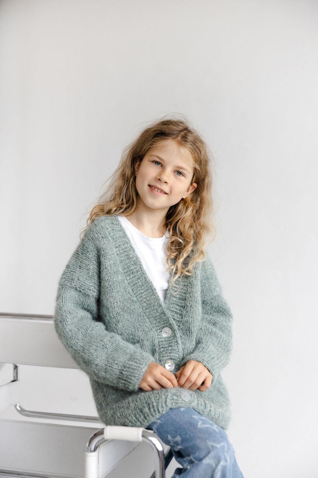 Green Knitted Alpaca Wool And Silk Handmade Girl's Cardigan With Buttons and Pockets