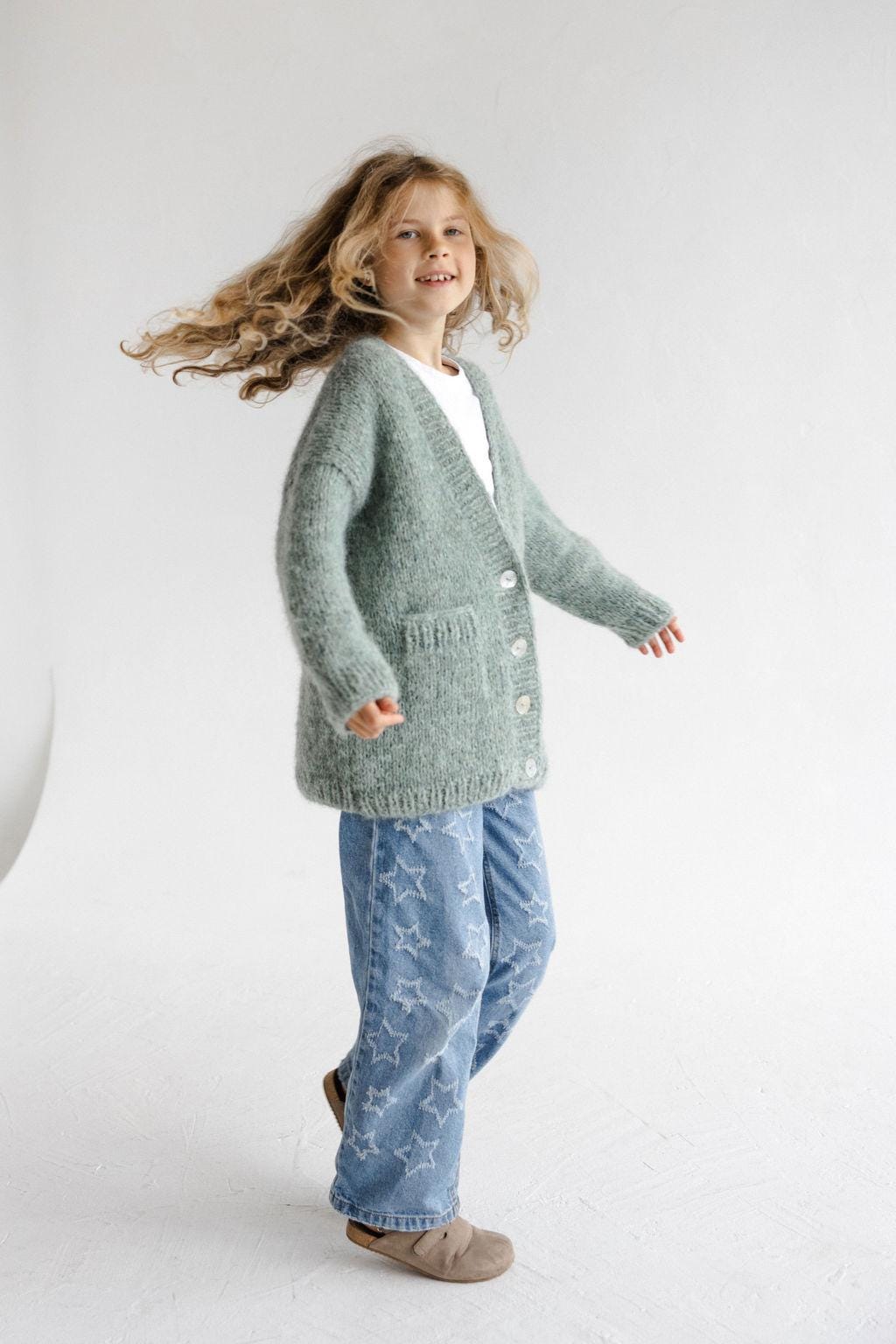 Green Knitted Alpaca Wool And Silk Handmade Girl's Cardigan With Buttons and Pockets