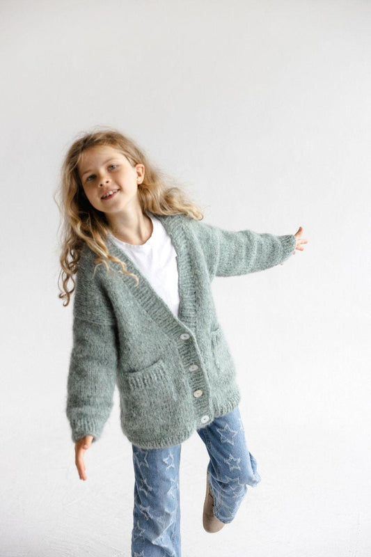 Green Knitted Alpaca Wool And Silk Handmade Girl's Cardigan With Buttons and Pockets