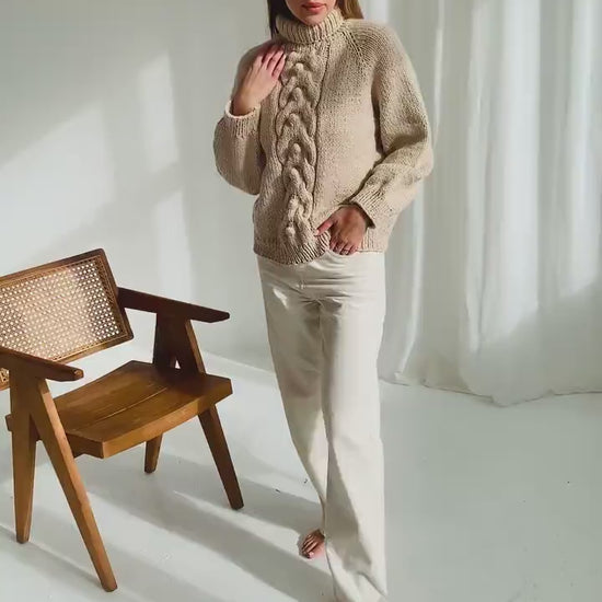 Chunky knit creamy beige alpaca wool turtleneck sweater, pastel nude cable knitted roll neck jumper, thick handmade pullover with braid