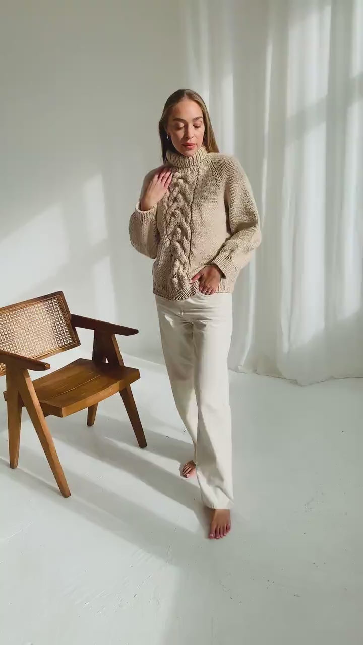 Chunky knit creamy beige alpaca wool turtleneck sweater, pastel nude cable knitted roll neck jumper, thick handmade pullover with braid