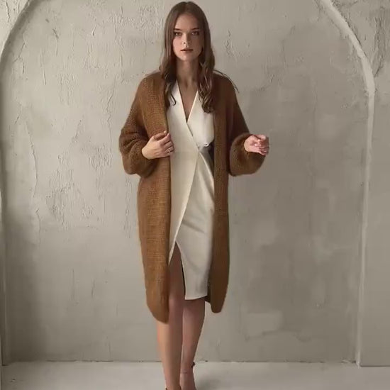 Long camel brown mohair cardigan, taupe fluffy cable knitted alpaca blend sweater, caramel chunky knitted fuzzy coat, oversized strickmantel