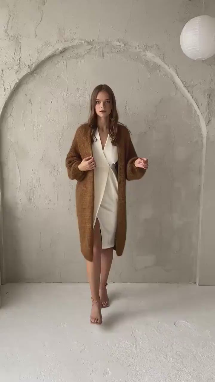 Long camel brown mohair cardigan, taupe fluffy cable knitted alpaca blend sweater, caramel chunky knitted fuzzy coat, oversized strickmantel