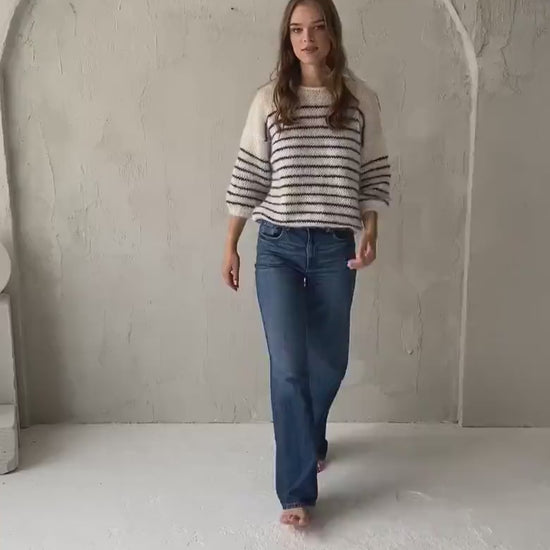 Striped white and blue mohair sweater, cable knit alpaca wool blend woman jumper, hand knitted slightly oversized pullover, fluffy mohair