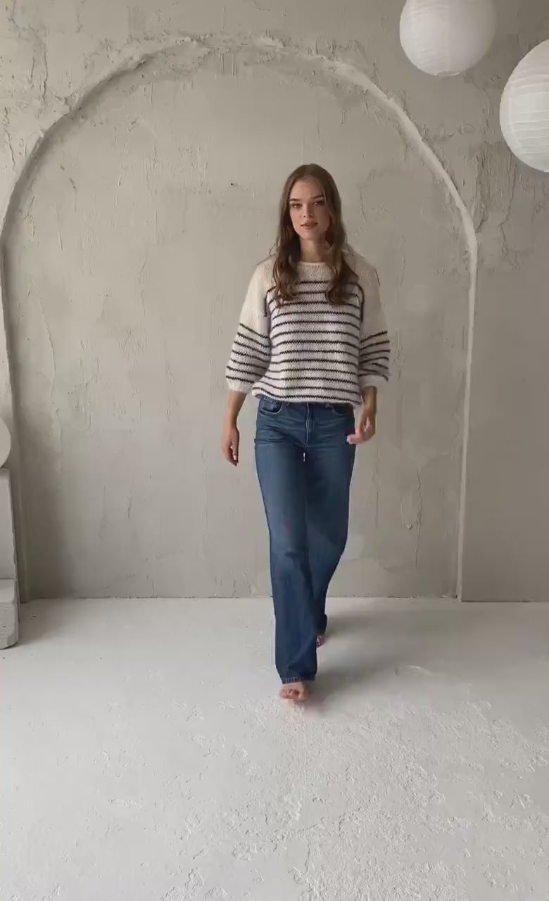 Striped white and blue mohair sweater, cable knit alpaca wool blend woman jumper, hand knitted slightly oversized pullover, fluffy mohair