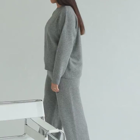 Beige knitted oversized merino wool sweater and high waisted pants loungewear set, taupe knit relaxed style pullover and wide leg trousers