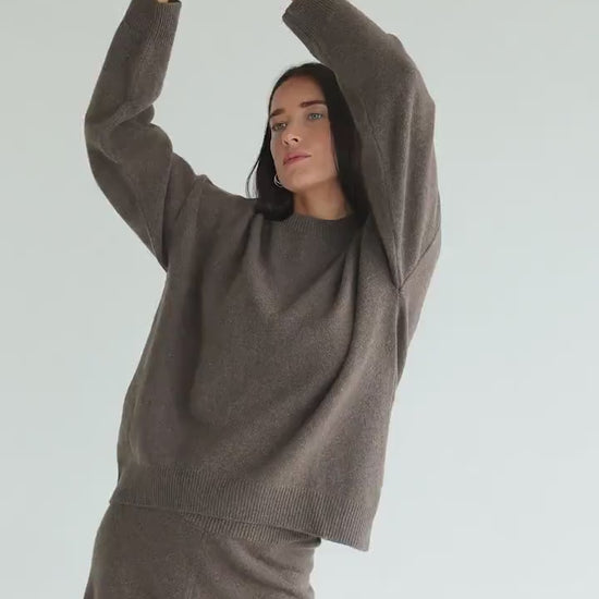 Brown knitted oversized merino wool sweater and high waisted pants loungewear set, knit relaxed style pullover and wide leg trousers set