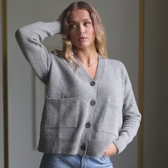 Gray Knitted Merino Wool Cardigan With Buttons And Pockets, Grey Knit Buttoned Woolen Sweater For Women, V-neck Slightly Oversized Sweater