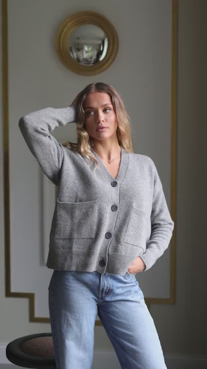 Gray Knitted Merino Wool Cardigan With Buttons And Pockets, Grey Knit Buttoned Woolen Sweater For Women, V-neck Slightly Oversized Sweater