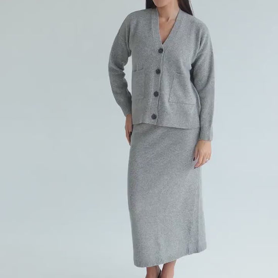 Beige Knitted Merino Wool Bottoned Cardigan With Pockets And Long Pensil Skirt Set For Women