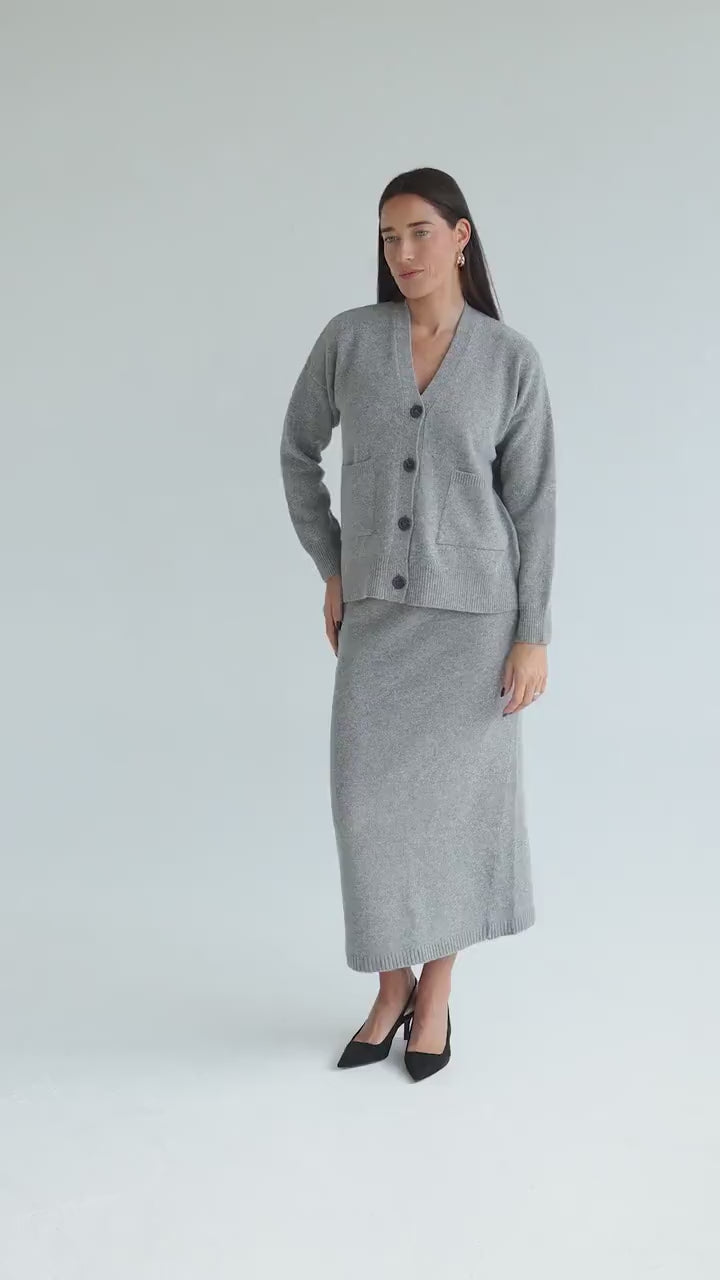 Beige Knitted Merino Wool Bottoned Cardigan With Pockets And Long Pensil Skirt Set For Women