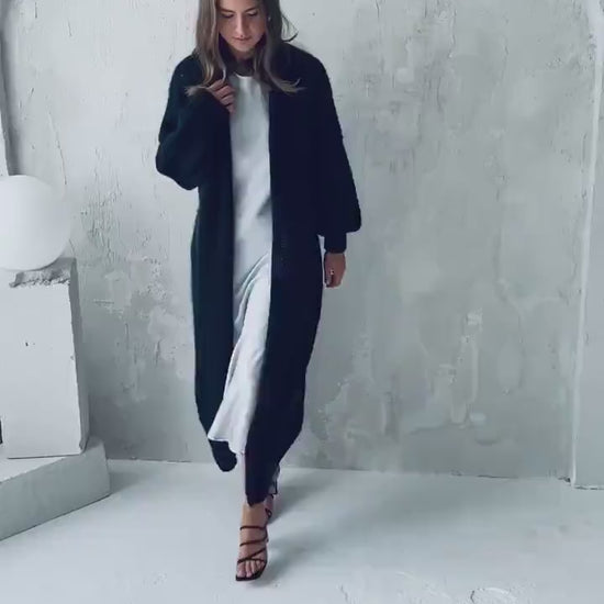 Long black cable knit thick fluffy mohair cardigan, slightly oversized cable knitted alpaca blend sweater, chunky knitted fuzzy coat xxl