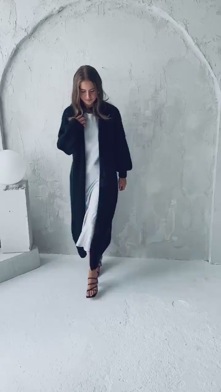 Long black cable knit thick fluffy mohair cardigan, slightly oversized cable knitted alpaca blend sweater, chunky knitted fuzzy coat xxl