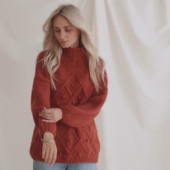 Orange Sweater, Soft Cable Knit Jumper, Tabasco Alpaca Pullover, Chunky Knit Wool Sweater, Balloon Sleeve Pullover In Red, Knitted Jumper